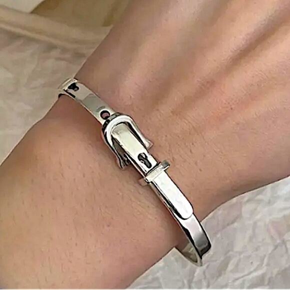 Sterling Silver Buckle Bracelet Bangle Adjustable Unisex Belt Geometric - Picture 2 of 5